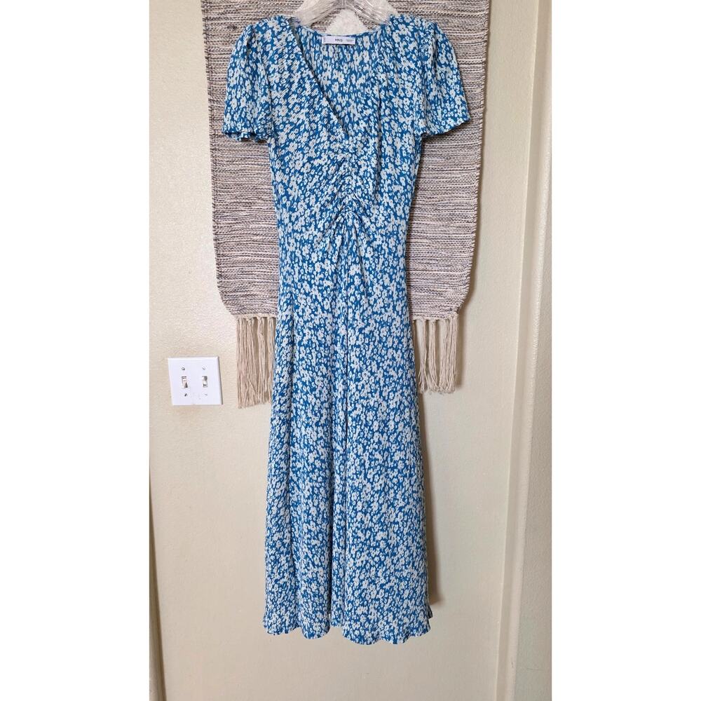 Mango MNG Blue White Floral Midi Dress Ruched Waist Short Sleeve Size 2 US